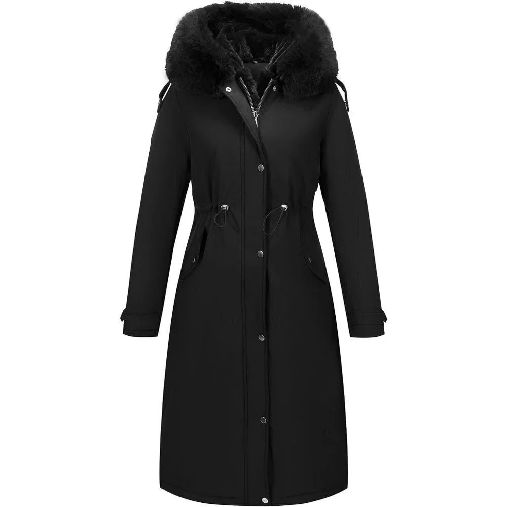 Women Polyester Fiber Long Collar  Hooded Thermal Fur lined Belted Puffer Coat